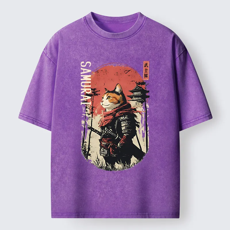 Tokyo-Tiger Lonely Cat Japanese Samurai Washed T-Shirt