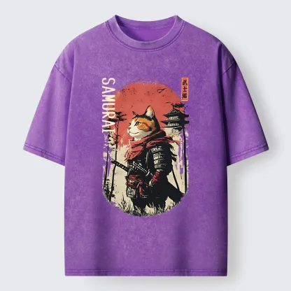 Tokyo-Tiger Lonely Cat Japanese Samurai Washed T-Shirt