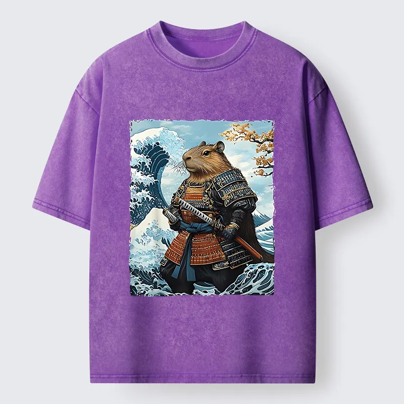 Tokyo-Tiger Capybara Japanese Samurai  And Waves Washed T-Shirt