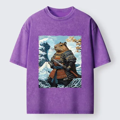 Tokyo-Tiger Capybara Japanese Samurai  And Waves Washed T-Shirt