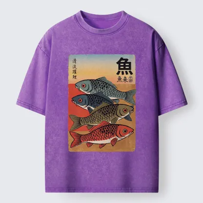 Tokyo-Tiger Retro Fish Poster Washed T-Shirt