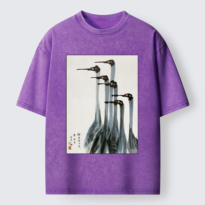 Tokyo-Tiger Retro Crane Painting Washed T-Shirt