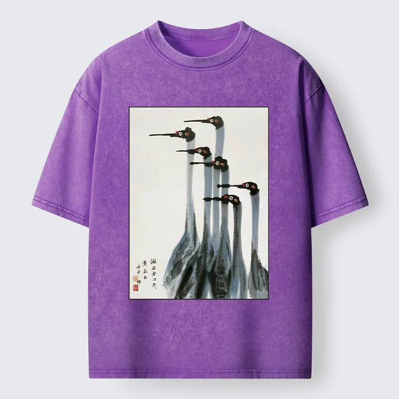 Tokyo-Tiger Retro Crane Painting Washed T-Shirt
