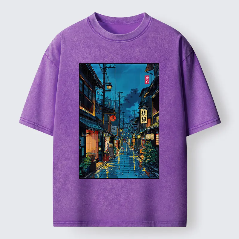 Tokyo-Tiger Japanese Teahouse Street Scene Washed T-Shirt