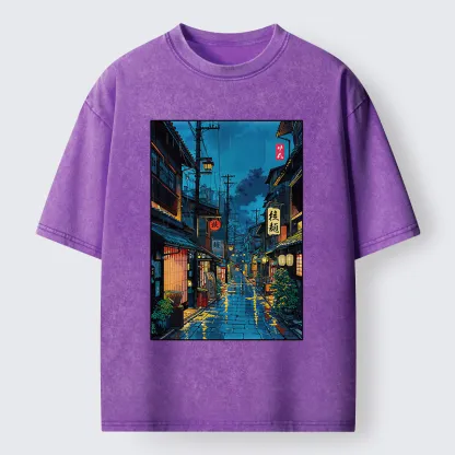 Tokyo-Tiger Japanese Teahouse Street Scene Washed T-Shirt