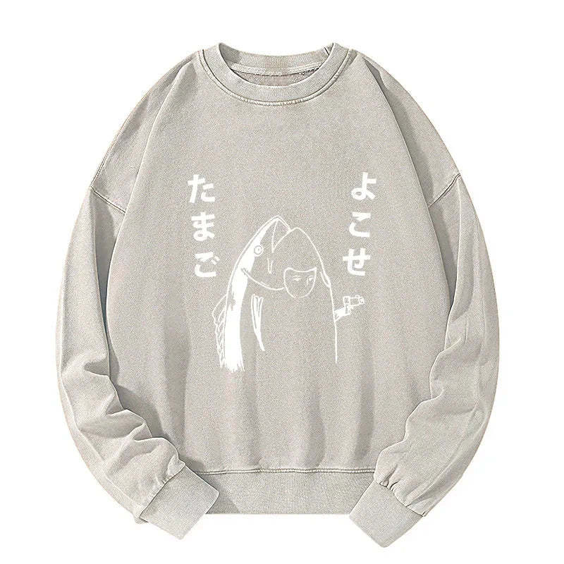 Tokyo-Tiger Japanese Fish Hold Up White Washed Sweatshirt