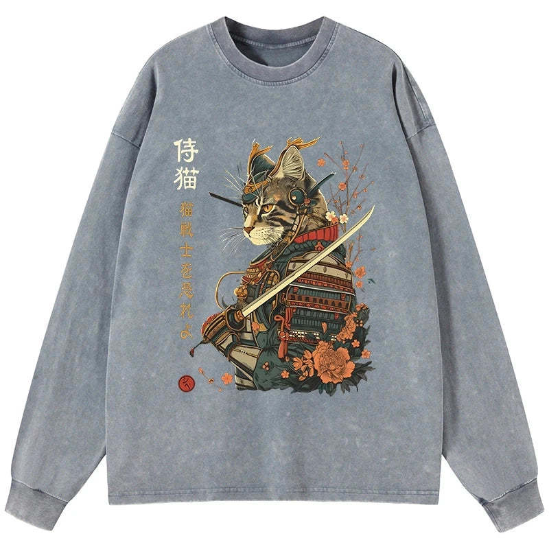 Tokyo-Tiger Cat Samurai Japanese Art Washed Long Sleeve T-Shirt