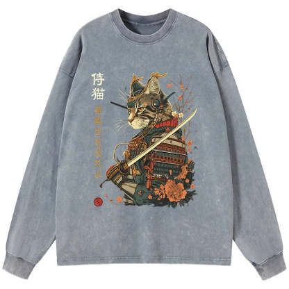 Tokyo-Tiger Cat Samurai Japanese Art Washed Long Sleeve T-Shirt