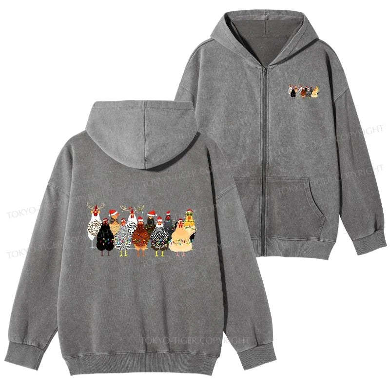 Tokyo-Tiger A Flock Of Christmas Chickens Washed Zip Hoodie-tokyo-tiger