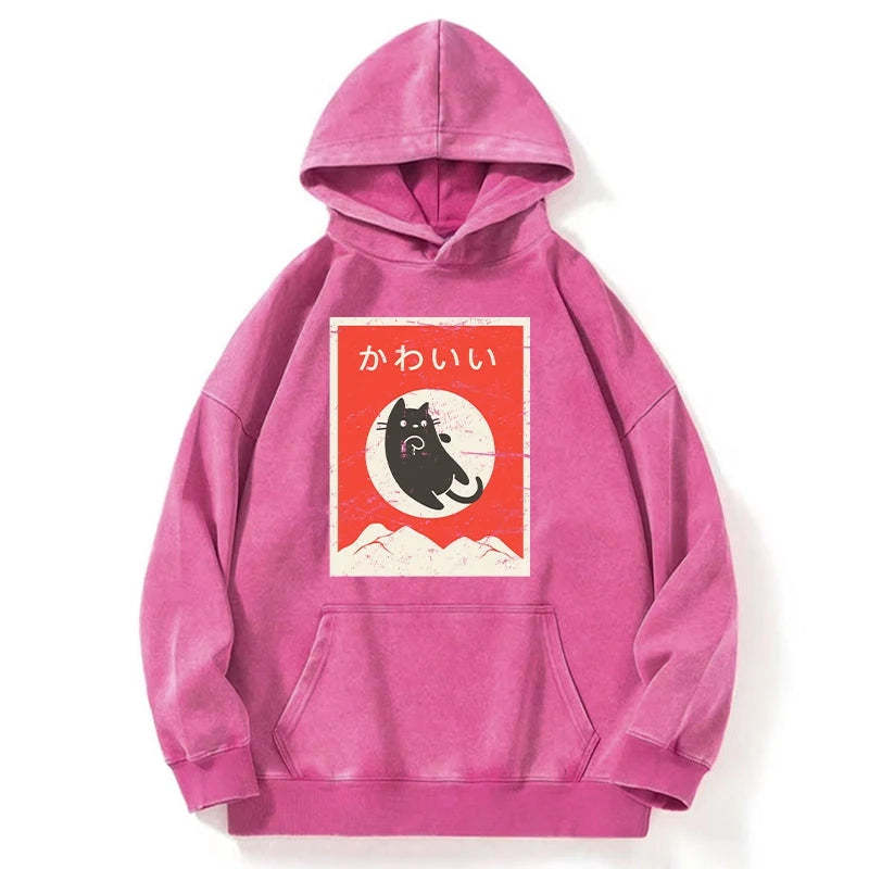 Tokyo-Tiger Cute Black Cat Japanese Washed Hoodie Sale