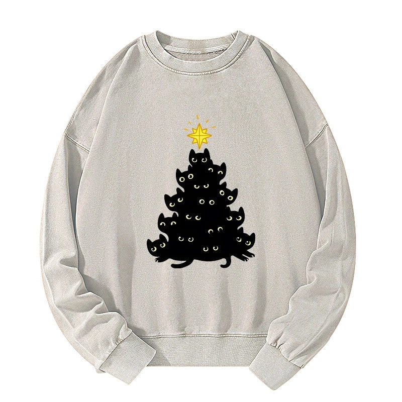 Tokyo-Tiger Black Cat Christmas Tree Washed Sweatshirt