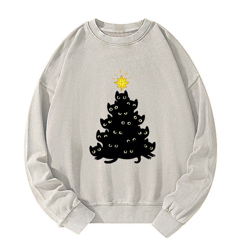 Tokyo-Tiger Black Cat Christmas Tree Washed Sweatshirt Sale
