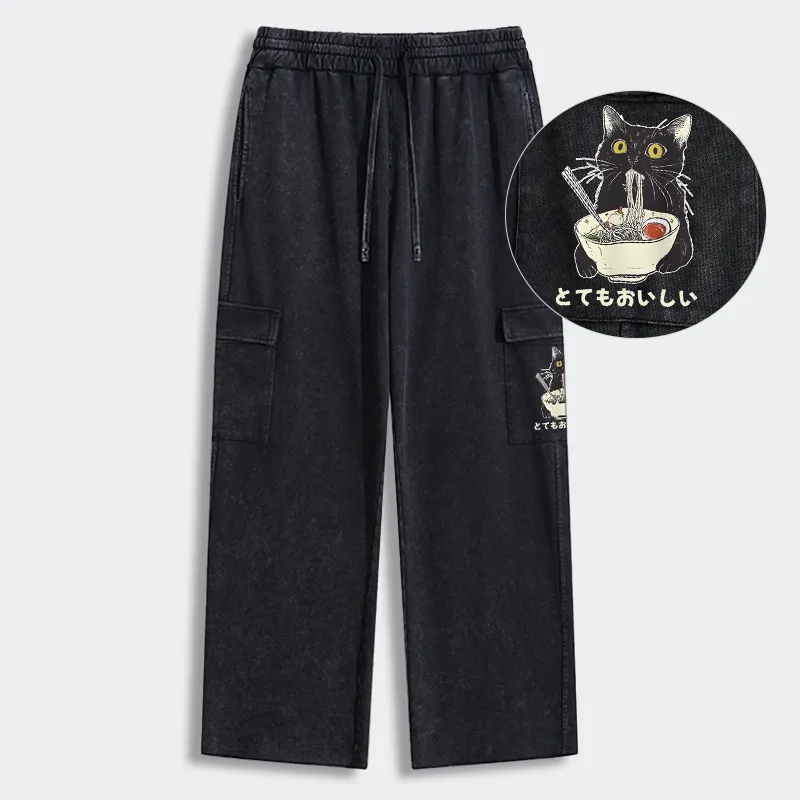 Tokyo-Tiger Cats Eat Ramen Noodles Washed Utility Sweatpants