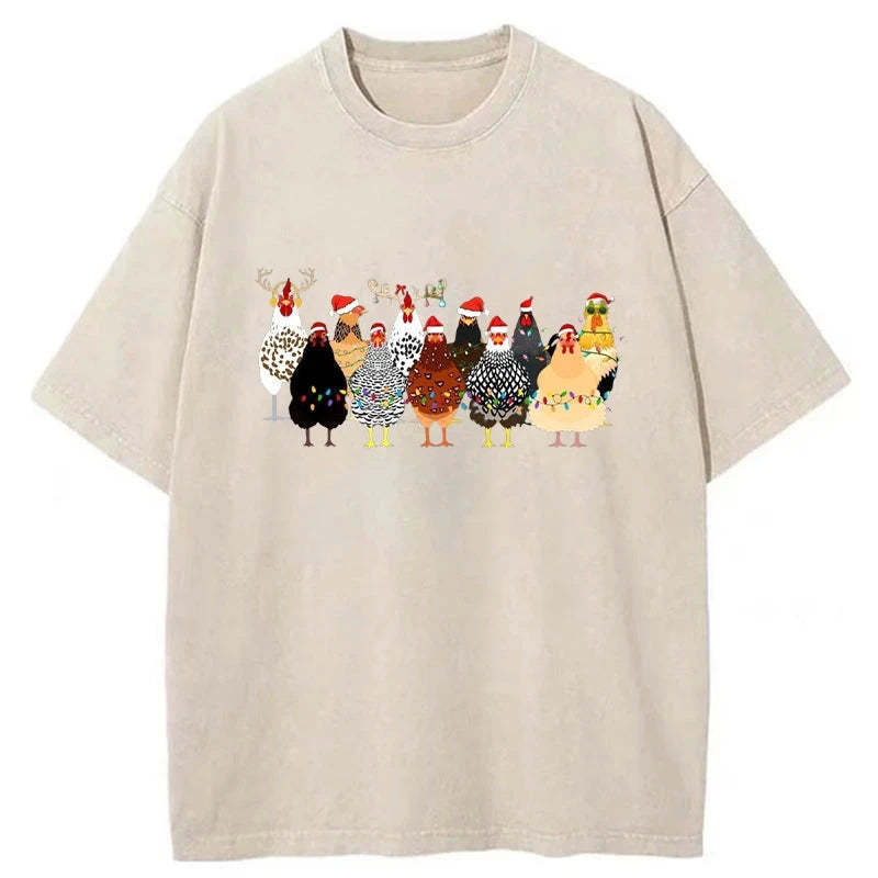 Tokyo-Tiger A Flock Of Christmas Chickens Washed T-Shirt-tokyo-tiger