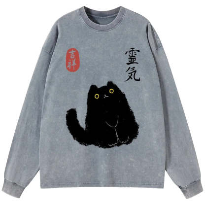 Tokyo-Tiger Black Civet Cat Washed Long Sleeve T-Shirt