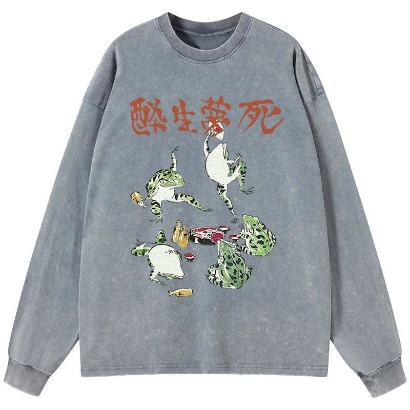 Tokyo-Tiger Japanese Frog Osake Kanji Washed Long Sleeve T-Shirt