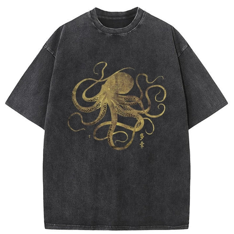 Tokyo-Tiger Octopus Japanese Gold Print Tattoo Washed T-Shirt