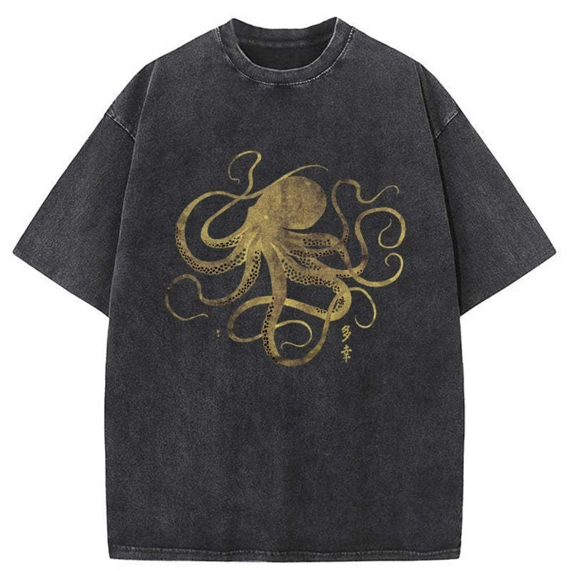 Tokyo-Tiger Octopus Japanese Gold Print Tattoo Washed T-Shirt Sale