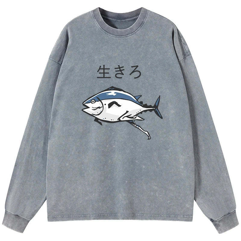 Tokyo-Tiger Running Fish Washed Long Sleeve T-Shirt Sale