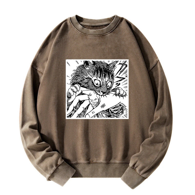 Tokyo-Tiger Creepy Cat Anime Horror Anteater Washed Sweatshirt