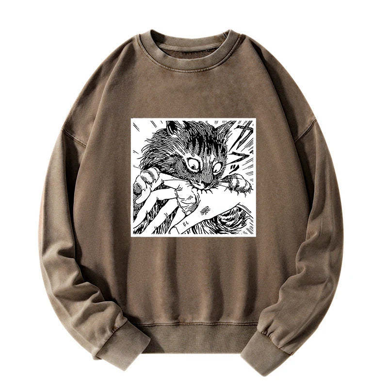 Tokyo-Tiger Creepy Cat Anime Horror Anteater Washed Sweatshirt
