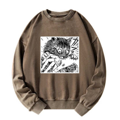 Tokyo-Tiger Creepy Cat Anime Horror Anteater Washed Sweatshirt