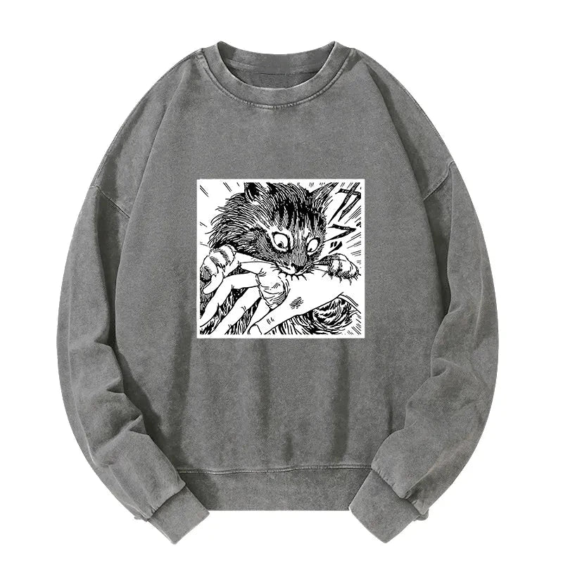 Tokyo-Tiger Creepy Cat Anime Horror Anteater Washed Sweatshirt