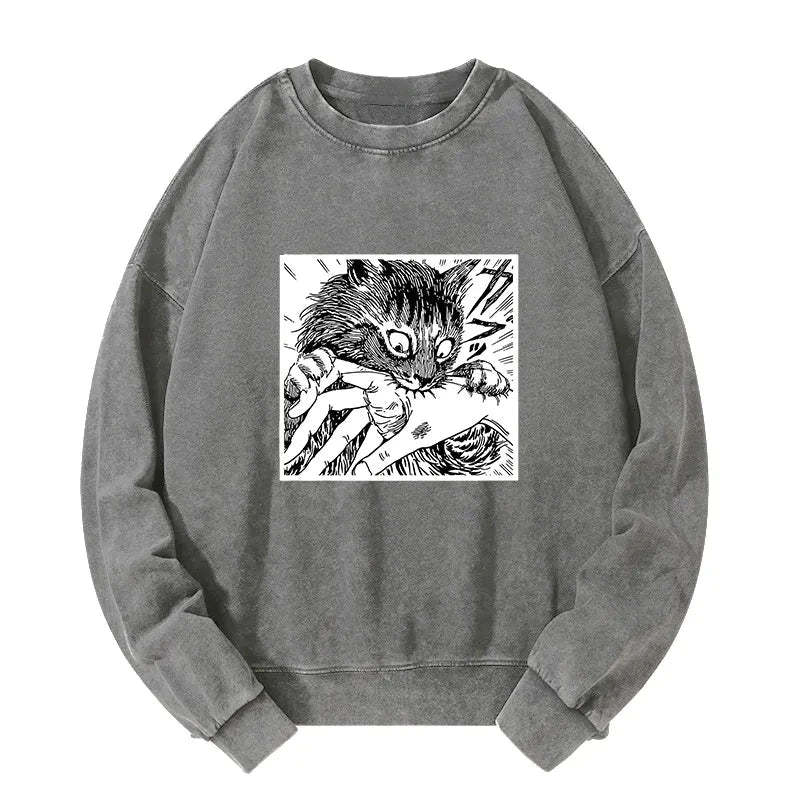 Tokyo-Tiger Creepy Cat Anime Horror Anteater Washed Sweatshirt