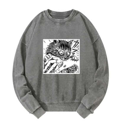 Tokyo-Tiger Creepy Cat Anime Horror Anteater Washed Sweatshirt