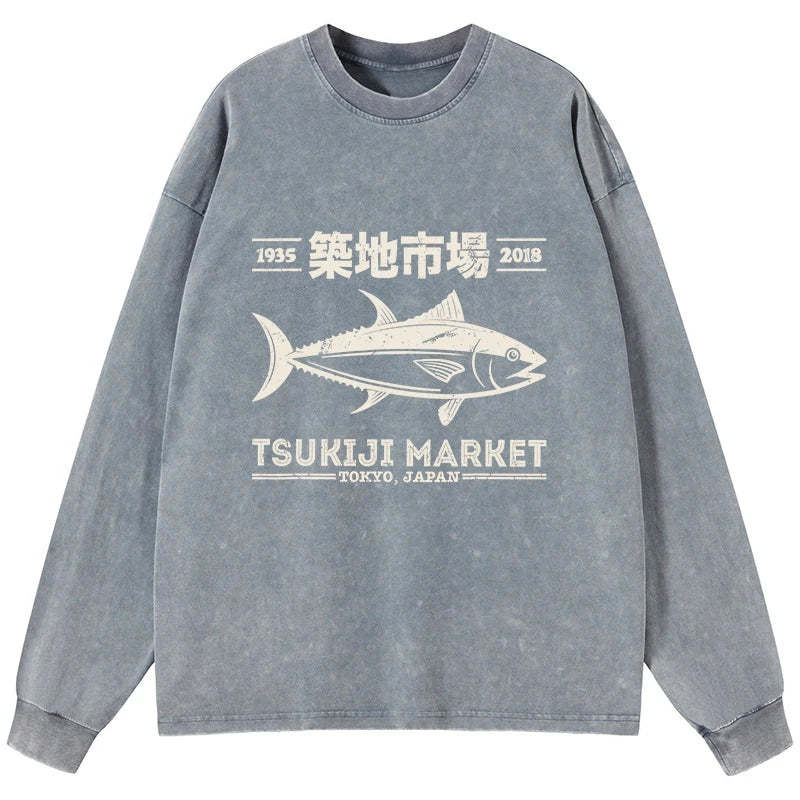 Tokyo-Tiger Retro Tsukiji Fish Market Streetwear Tokyo Washed Long Sleeve T-Shirt Sale