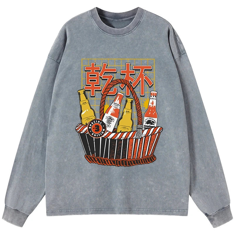 Tokyo-Tiger Have A Beer Together Washed Long Sleeve T-Shirt