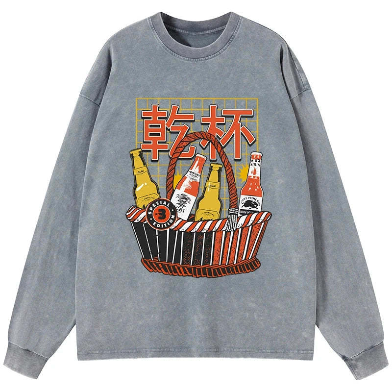 Tokyo-Tiger Have A Beer Together Washed Long Sleeve T-Shirt