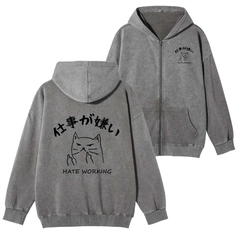 Tokyo-Tiger A Cat That Hates Work Washed Zip Hoodie-tokyo-tiger