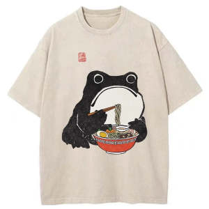 Image of Tokyo-Tiger Funny Frog Eating Ramen Washed T-Shirt