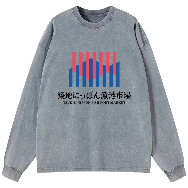 Tokyo-Tiger Tsukiji Nippon Fish Port Market Washed Long Sleeve T-Shirt