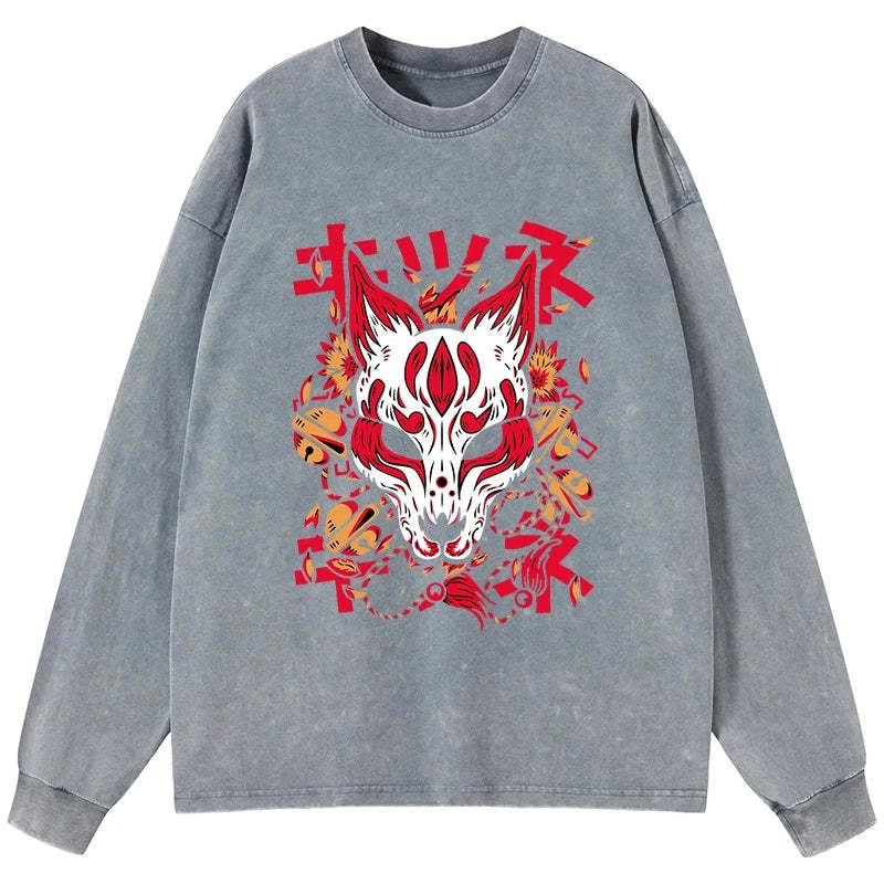 Tokyo-Tiger Japanese Kitsune Mask Washed Long Sleeve T-Shirt