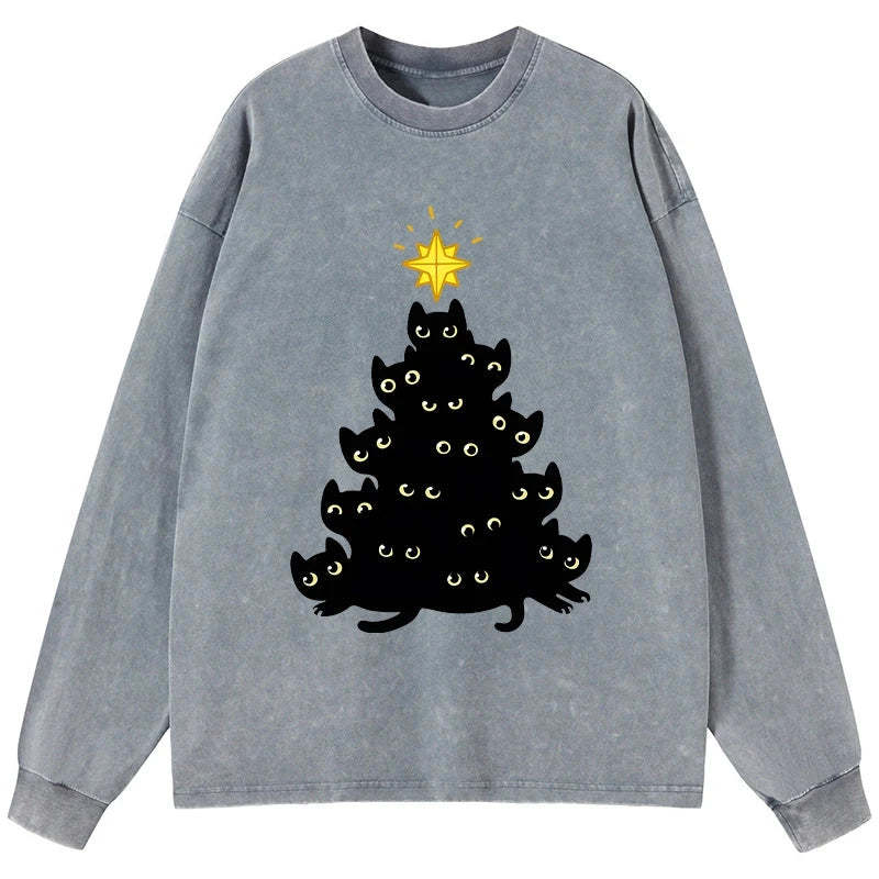 Tokyo-Tiger Black Cat Christmas Tree Washed Long Sleeve T-Shirt Sale
