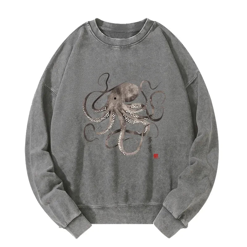 Tokyo-Tiger Octopus Japanese Calligraphy Washed Sweatshirt