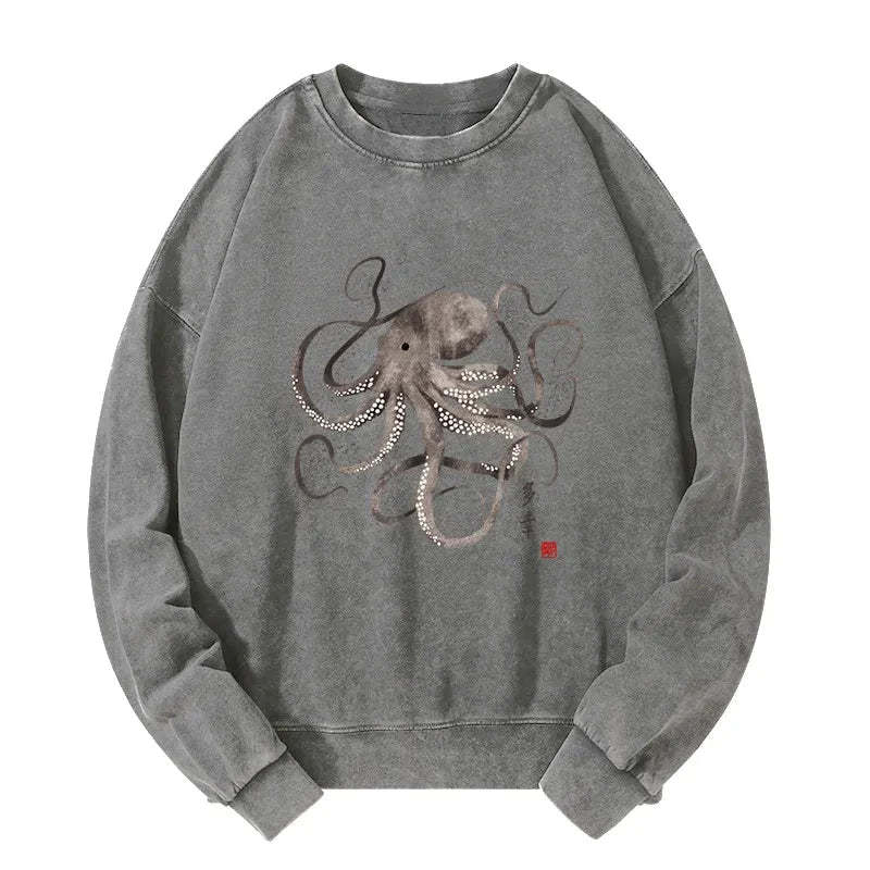 Tokyo-Tiger Octopus Japanese Calligraphy Washed Sweatshirt