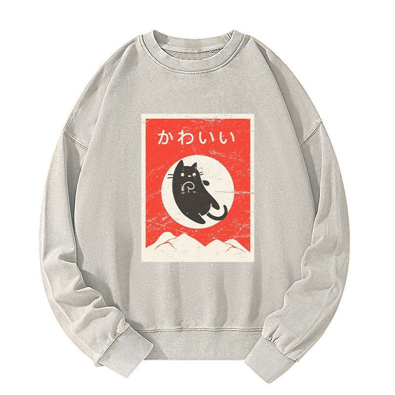 Tokyo-Tiger Cute Black Cat Japanese Washed Sweatshirt Sale