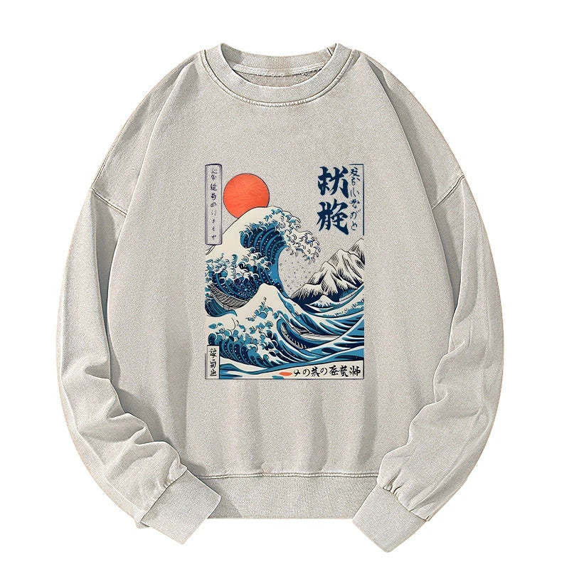 Tokyo-Tiger Ukiyo-e Ocean Waves Japan Washed Sweatshirt Sale