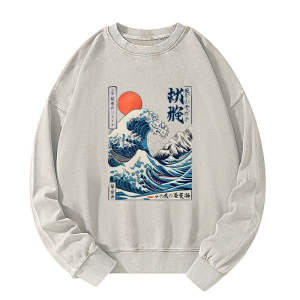 Image of Tokyo-Tiger Ukiyo-e Ocean Waves Japan Washed Sweatshirt