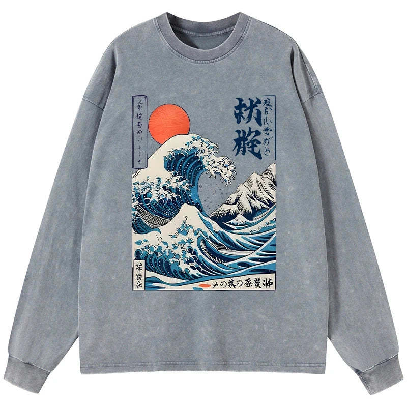 Tokyo-Tiger Ukiyo-e Ocean Waves Japan Washed Long Sleeve T-Shirt Sale