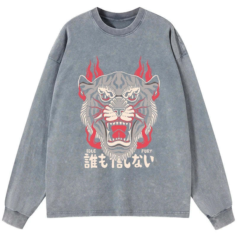 Tokyo-Tiger Retro Tiger Japanese Washed Long Sleeve T-Shirt