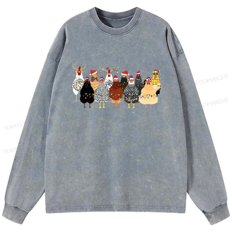 Tokyo-Tiger A Flock Of Christmas Chickens Washed Long Sleeve T-Shirt-tokyo-tiger