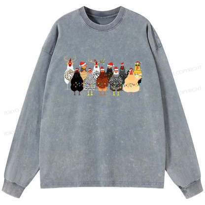 Tokyo-Tiger A Flock Of Christmas Chickens Washed Long Sleeve T-Shirt