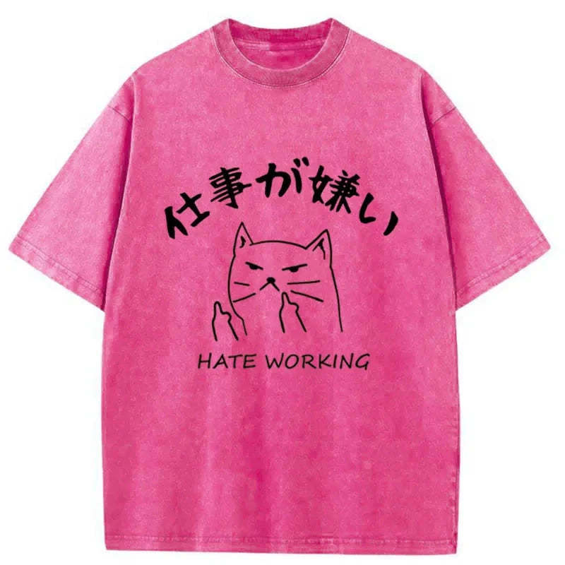 Tokyo-Tiger A Cat That Hates Work Washed T-Shirt-tokyo-tiger