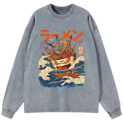 Tokyo-Tiger The Great Wave Ramen Kaiju Washed Long Sleeve T-Shirt