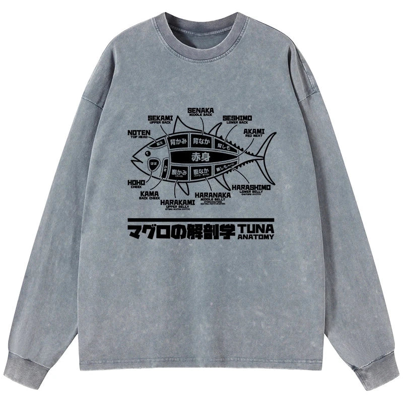 Tokyo-Tiger Tuna Dissection Map Japanese Washed Long Sleeve T-Shirt