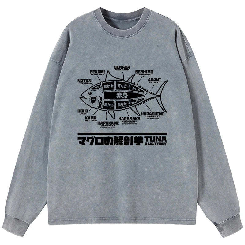 Tokyo-Tiger Tuna Dissection Map Japanese Washed Long Sleeve T-Shirt Sale